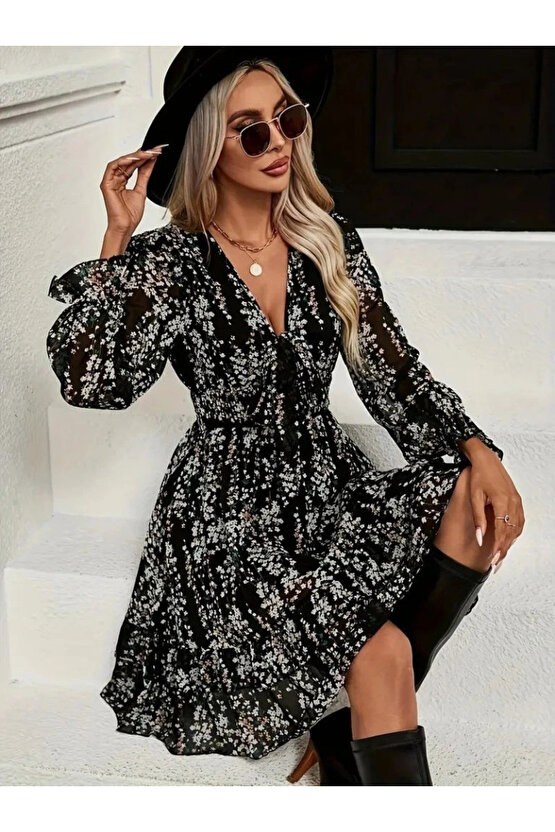 Kadın Uzun Kollu V Yakalı Fırfırlı Ve Bağcıklı şifon Mini Elbise