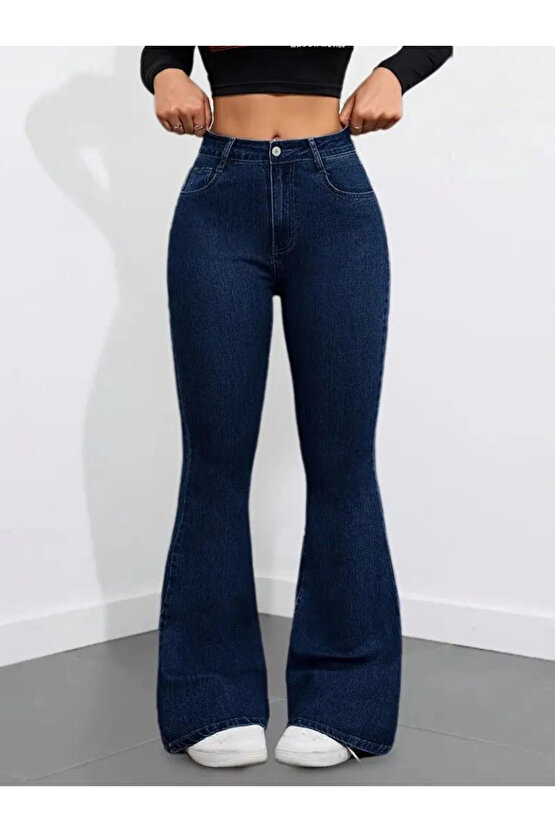 Kadın Yüksek Bel Cepli İspanyol Paçalı Kot Pantolon