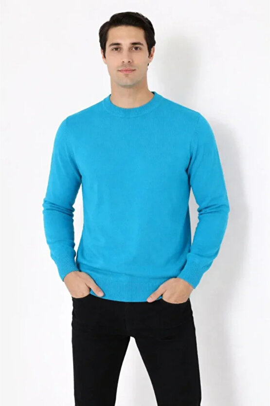 Erkek Bisiklet Yaka Triko Kazak Yumuşak Dokulu Pamuklu Ince Dokuma, Uzun Kollu Rahat Regular Kalıp -