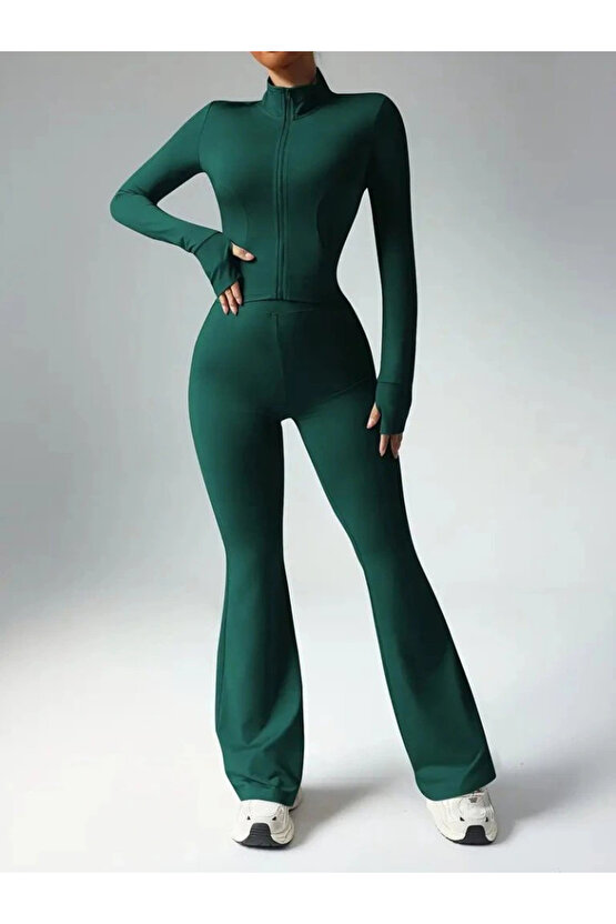 Kadın Uzun Kollu önden Fermuarlı Kısa Dalgıç Bluz Ve Pantolon Ikili Takım