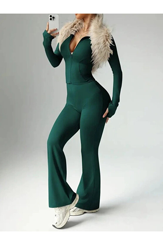 Kadın Uzun Kollu önden Fermuarlı Kısa Dalgıç Bluz Ve Pantolon Ikili Takım