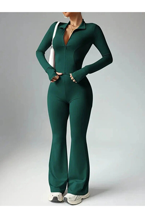 Kadın Uzun Kollu önden Fermuarlı Kısa Dalgıç Bluz Ve Pantolon Ikili Takım