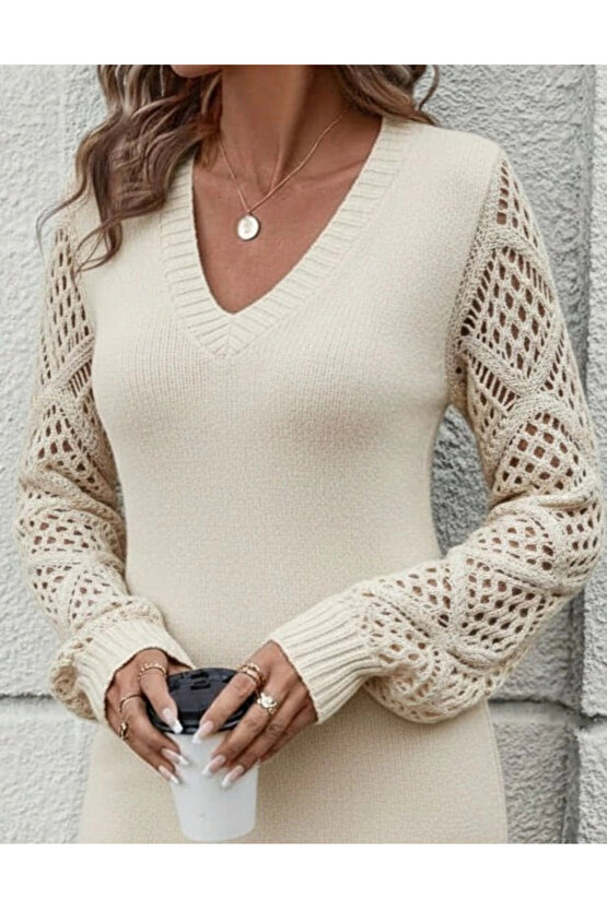 Kadın Uzun Kollu V Yakalı Mini Triko Elbise