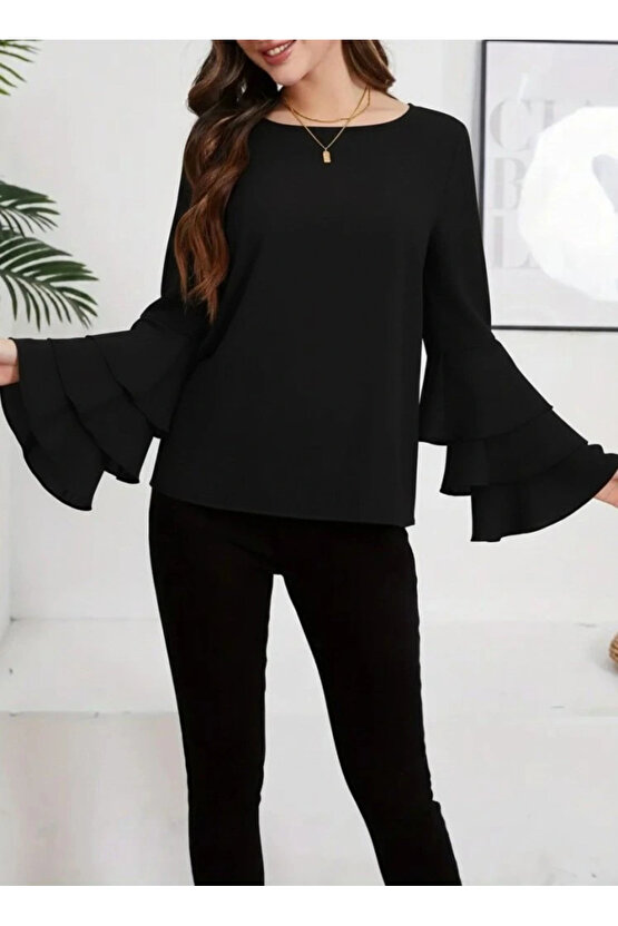 Kadın Uzun Kollu Bisiklet Yaka Kollar İspanyol Volanlı Sandy Bluz