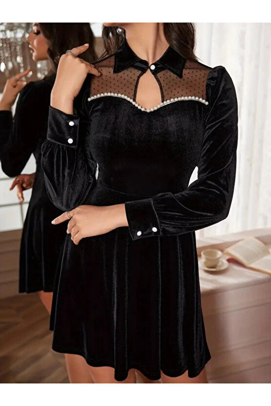 Kadın Uzun Kollu Yakalı Tül Detaylı Incili Mini Kadife Elbise