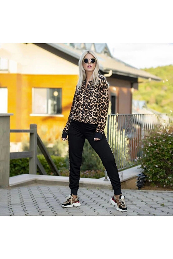 Kadın Uzun Kollu önden Fermuarlı Leopar Desen Detaylı Viskon Iki Iplik Bluz Ve Pantolon Ikili Takım