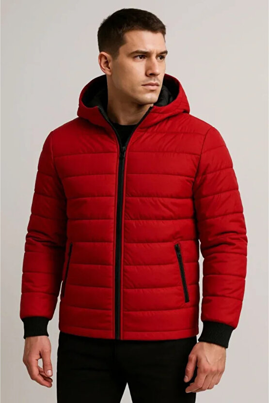 Erkek Şişme Kapüşonlu Fermuarlı Mont Su Itici Kapitone Astarlı Kumaş Cepli Kışlık Rahat Kalıp - Kırm