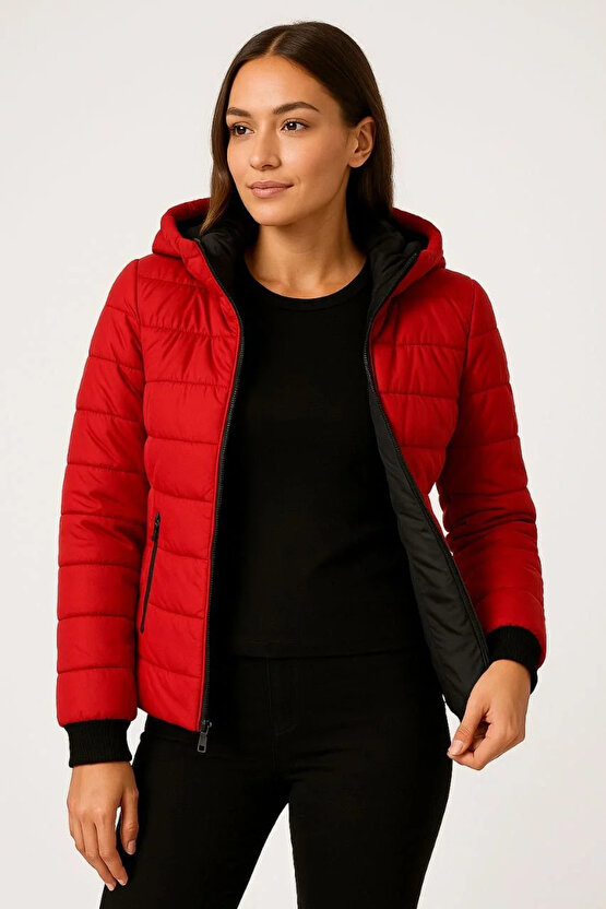 Kadın Şişme Kapüşonlu Fermuarlı Mont Su itici Kapitone Astarlı Kumaş Cepli Kışlık Rahat Kalıp - Kırm