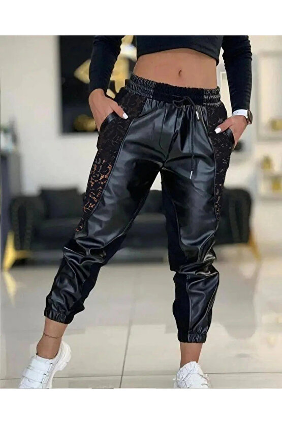 Kadın Yüksek Bel Lastikli Yanda Dantel Detaylı Bağcıklı Deri Pantolon