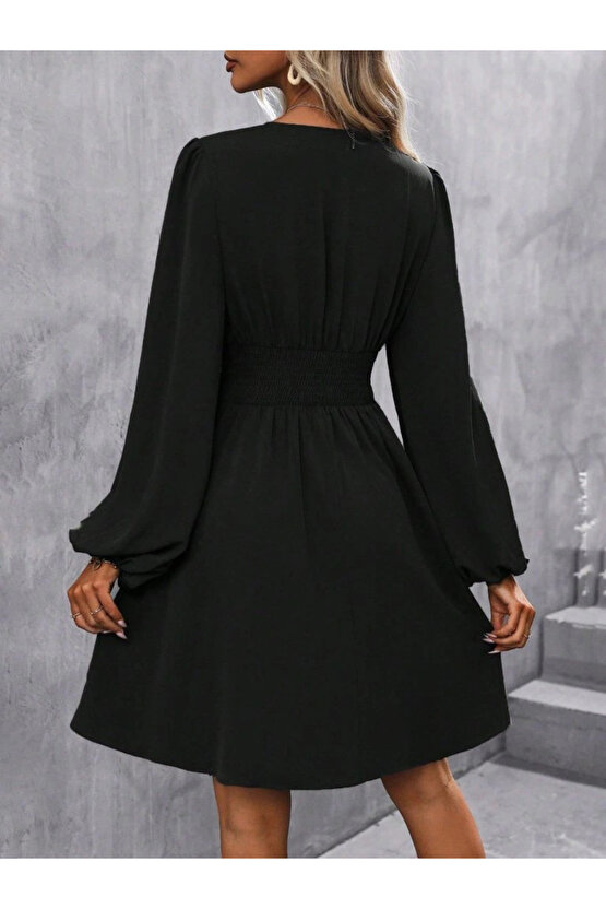 Kadın Uzun Kollu Kruvaze Yakalı Bel Korsajlı Mini Elbise