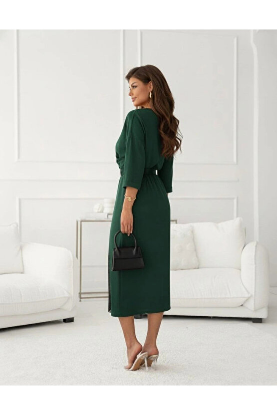 Kadın Uzun Kollu Kruvaze Yakalı Yandan Dantelli Midi Ithal Krep Elbise