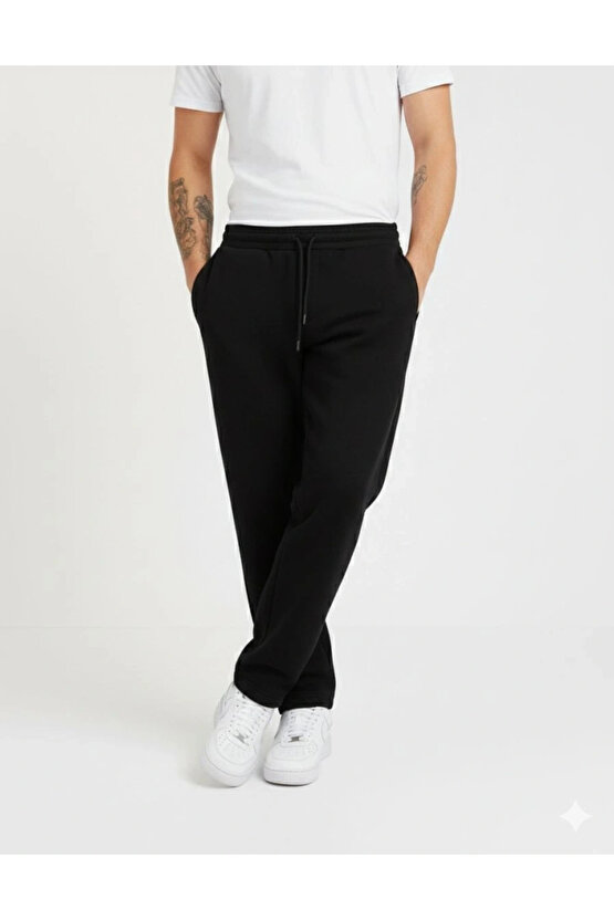 Erkek Üç Iplik Kışlık Pamuklu Ovarsize Bağcıklı Düz Paça Cepli Eşofman Altı Spor Rahat Model - Siyah