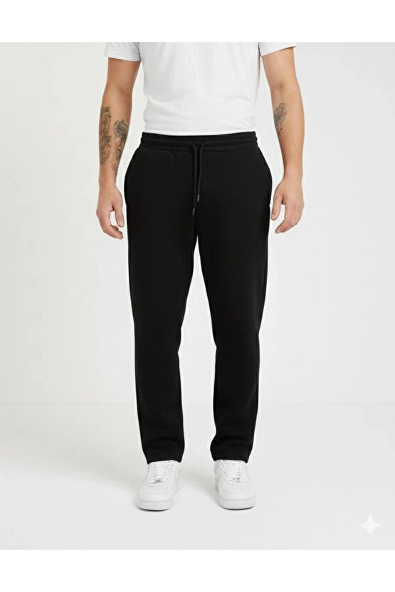 Erkek Üç Iplik Kışlık Pamuklu Ovarsize Bağcıklı Düz Paça Cepli Eşofman Altı Spor Rahat Model - Siyah