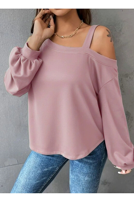 Kadın Uzun Kollu Tek Omuz Askı Detay Salaş Dalgıç Bluz