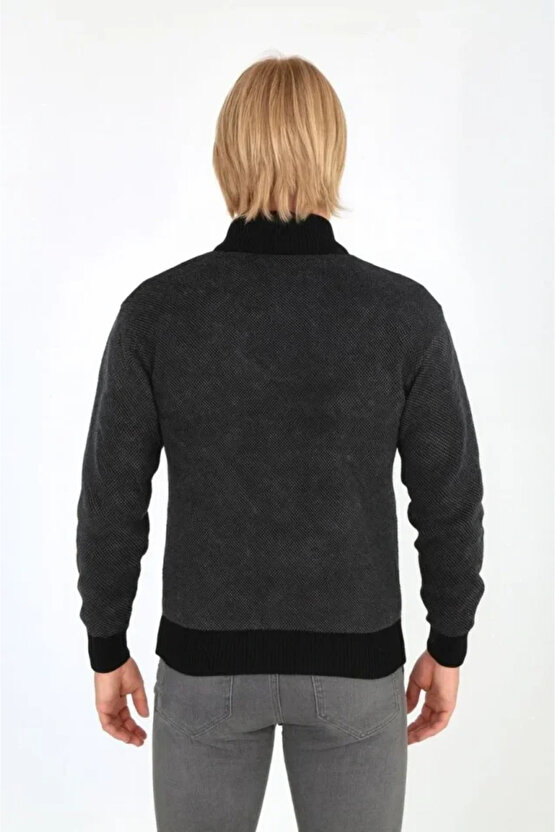 Erkek Fermuarlı Triko Hırka Yüksek Yaka, Cepli, Günlük Şık Rahat Kalıp Triko - Siyah