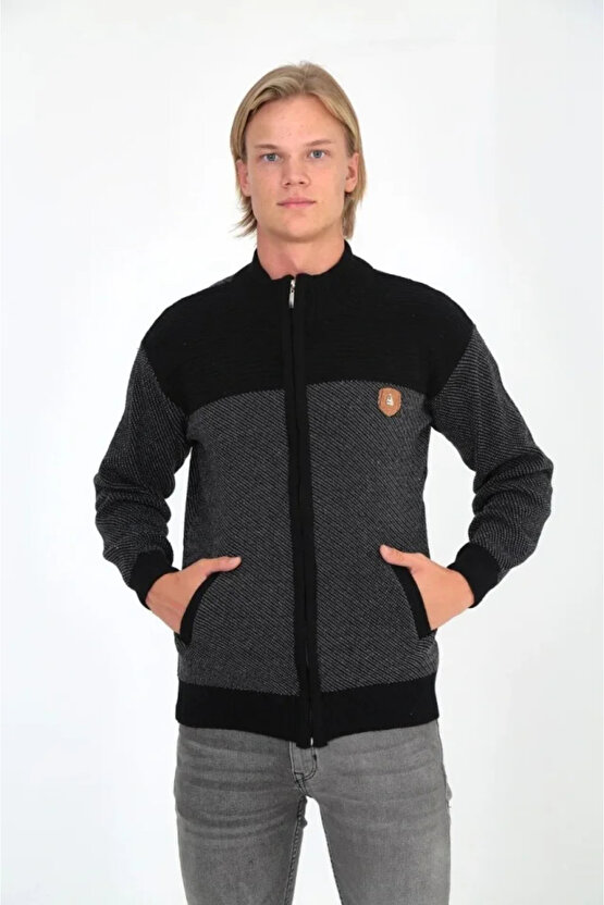 Erkek Fermuarlı Triko Hırka Yüksek Yaka, Cepli, Günlük Şık Rahat Kalıp Triko - Siyah