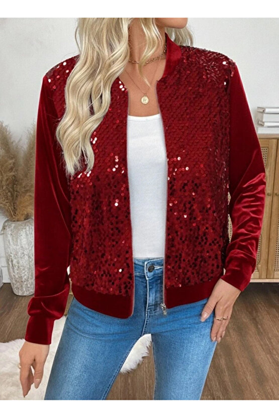 Kadın Uzun Kollu önü Açık Fermuarlı Pulpayetli Kadife Ceket