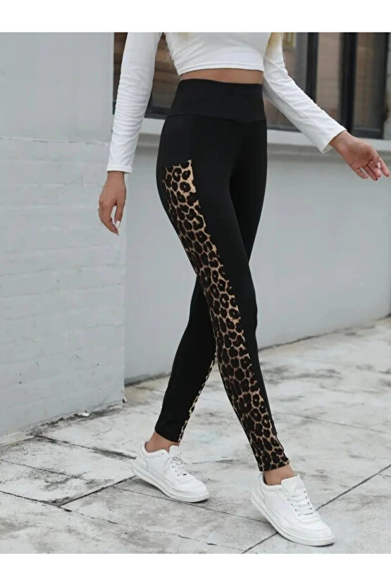 Kadın Yüksek Bel Cep Detaylı Leopar Desenli Dalgıç Tayt