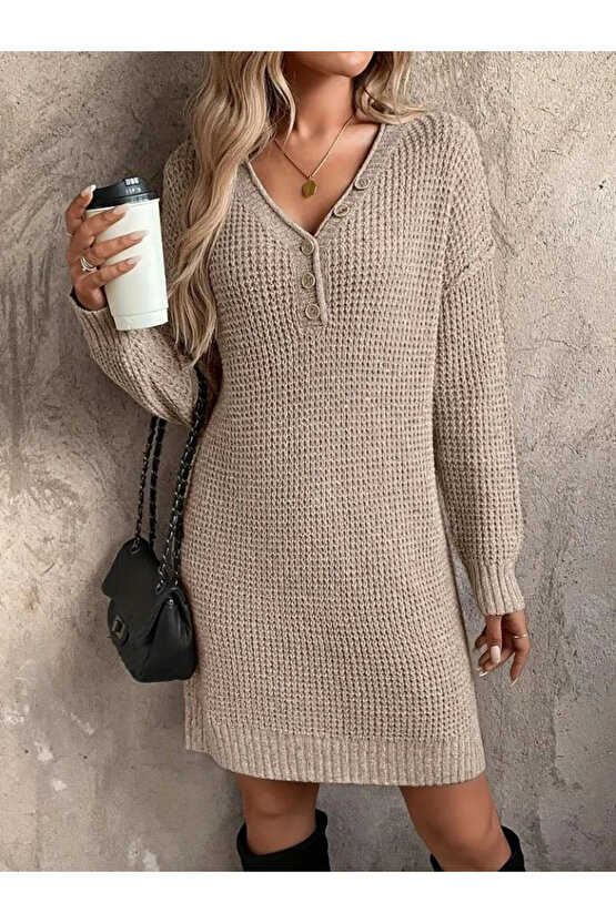 Kadın Uzun Kollu V Yakalı Düğmeli Mini Triko Taş Renkli Elbise