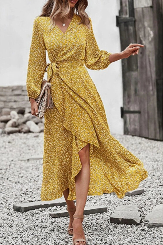 Kadın Uzun Kollu Kruvaze Yaka Yandan Bağlamalı önden Fırfır Detaylı Süprem Uzun Elbise