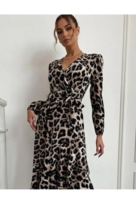 Kadın Uzun Kollu Kruvaze Yaka Yandan Bağlamalı önden Fırfır Detaylı Süprem Uzun Elbise