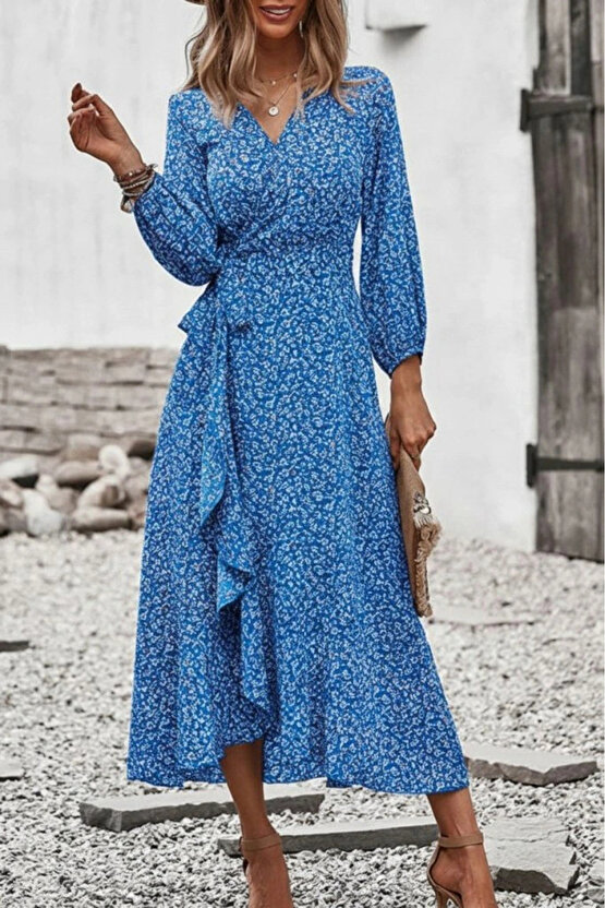 Kadın Uzun Kollu Kruvaze Yaka Yandan Bağlamalı önden Fırfır Detaylı Süprem Uzun Elbise