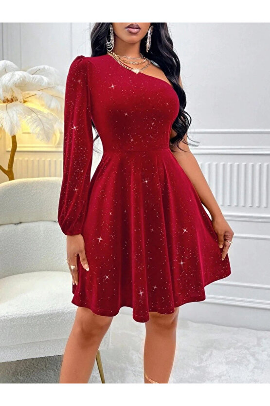 Kadın Tek Omuzdan Açık Uzun Kollu Taşlı Mini Elbise