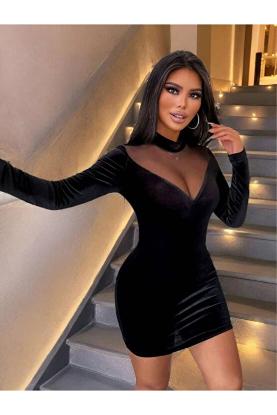 Kadın Uzun Kollu Balıkçı Yaka Tül Detaylı Mini Kadife Elbise