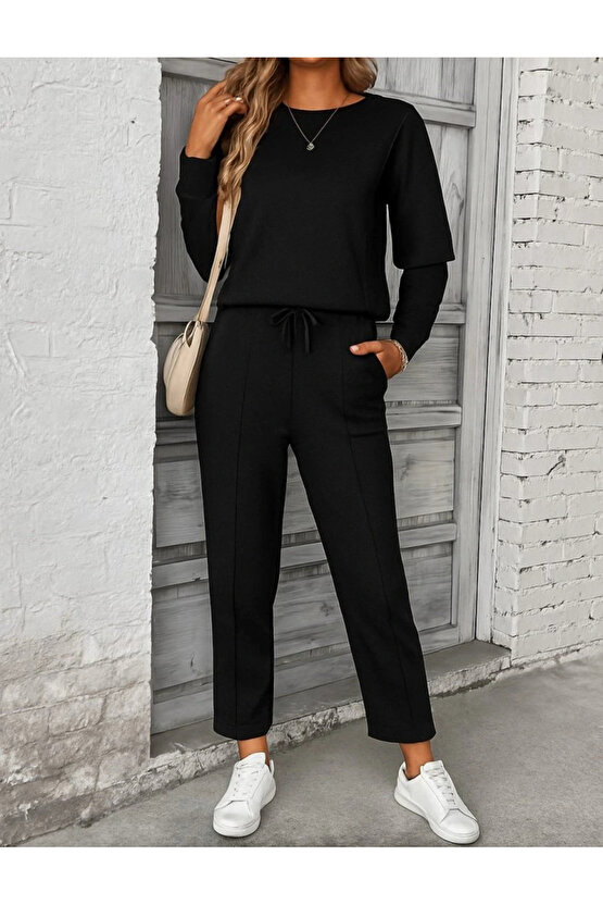 Kadın Uzun Kollu Yanları Nervurlu Viskon Iki Iplik Ve Pantolon Ikili Takım