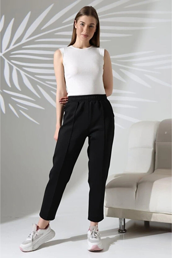 Kadın Uzun Kollu Dalıç Kumaş Cep Detay Beli Lastikli ütüsüz Pantolon