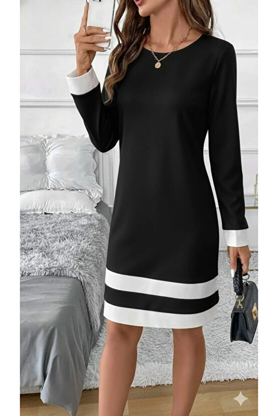 Kadın Uzun Kollu Yuvarlak Yaka Etek Ucu şerit Detaylı Mini Siyah Beyaz Dalgıç Elbise