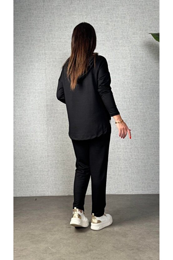 EQURİ Kadın Uzun Kollu Kapşonlu Bağcıklı Viskon Iki Iplik Bluz Ve Pantolon Ikili Takım