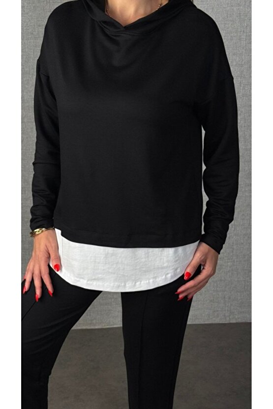 EQURİ Kadın Uzun Kollu Kapşonlu Bağcıklı Viskon Iki Iplik Bluz Ve Pantolon Ikili Takım