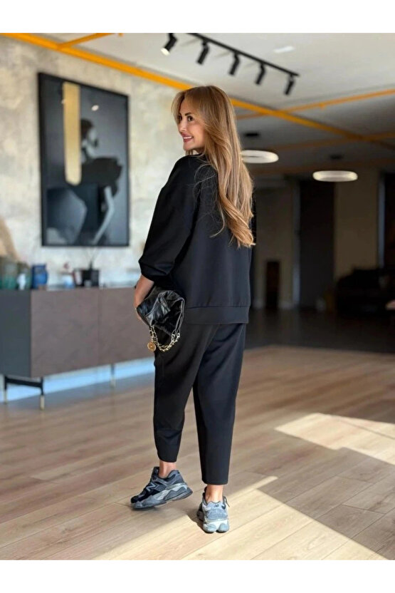 Kadın Uzun Kollu Bisiklet Yaka Viskon Iki Iplik Bluz Ve Pantolon Ikili Takım