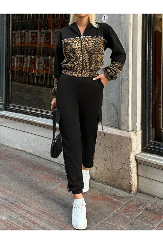 MDB Kadın Uzun Kollu Kapşonlu Leopar Desenli Viskon Iki Iplik Bluz Ve Pantolon Ikili Takım