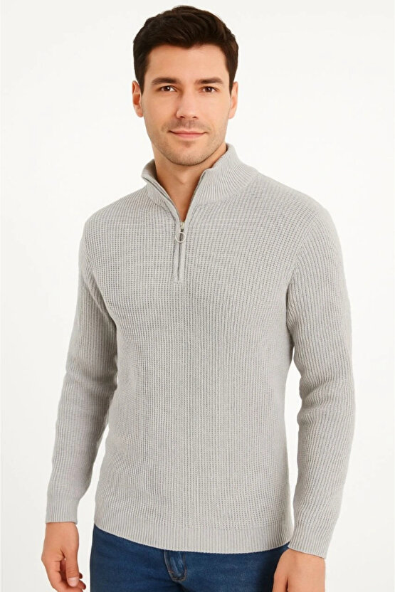 Erkek Yarım Fermuarlı Triko Kazak – Selanik Örgü, Dik Yaka, Pamuklu Dokuma, Regular Fit Uzun Kollu K