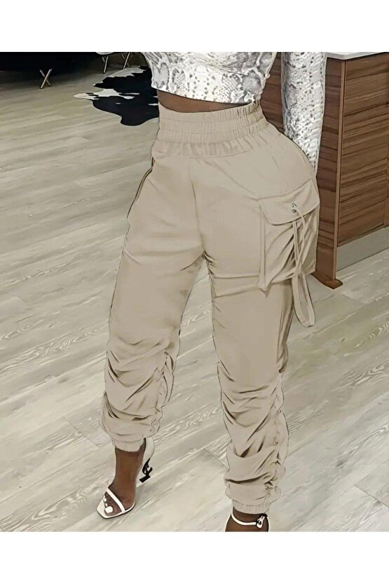 Kadın Yüksek Bel Beli Lastikli Kargo Cep Detaylı Gabardin Pantolon