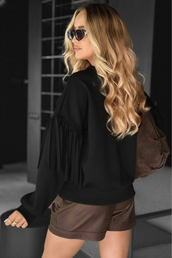 Kadın Uzun Kollu Bisiklet Yaka Kolları Püsküllü Modal Bluz