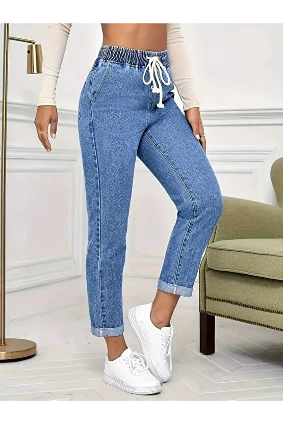 Kadın Yüksek Bel Bağcıklı Kot Pantolon