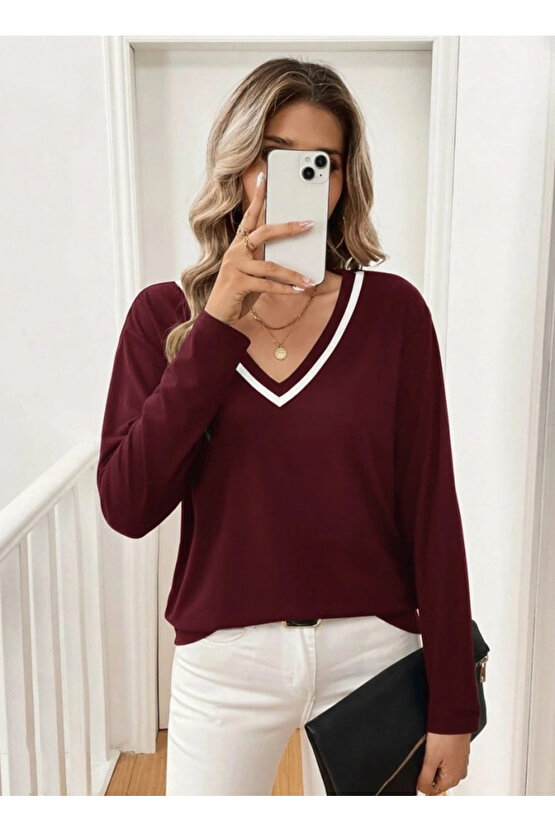 Kadın Uzun Kollu V Yakalı Viskon Iki Iplik Bluz