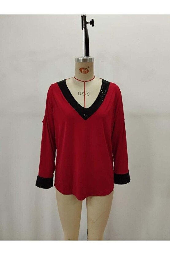 Kadın Uzun Kollu V Yakalı Omuzlardan Açık Sandy Bluz