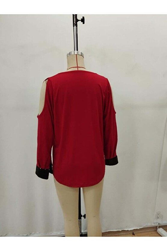 Kadın Uzun Kollu V Yakalı Omuzlardan Açık Sandy Bluz