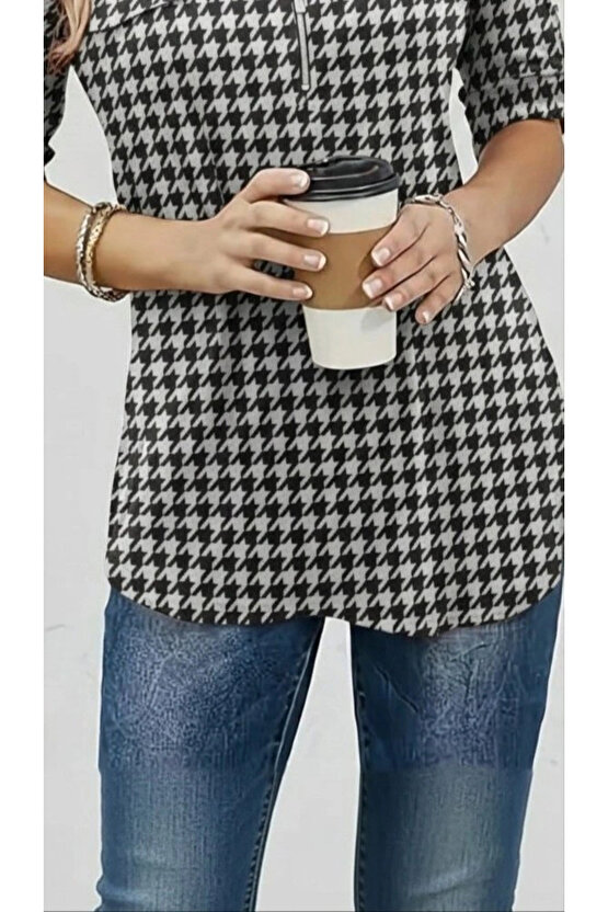 Kadın Uzun Kollu Hakim Yaka Yakadan Fermuarlı Geometrik Desenli Süprem Bluz