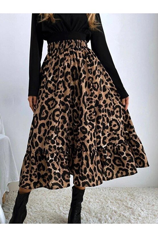 Kadın Uzun Kollu Kruvaze Yakalı Ithal Krep Bluz Ve Leopar Desenli Süprem Uzun Elbise