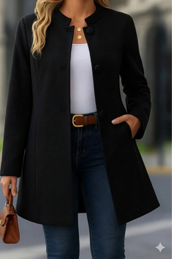 Kadın Uzun Kollu Yakalı önü Düğmeli Ithal Kaşe Astarlı Kaban