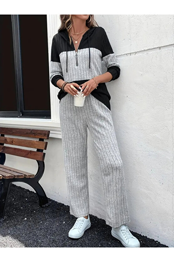 Kadın Uzun Kollu Kapşonlu önden Fermuarlı şardonlu Kaşkorse Bluz Ve Pantolon