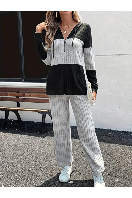 Kadın Uzun Kollu Kapşonlu önden Fermuarlı şardonlu Kaşkorse Bluz Ve Pantolon