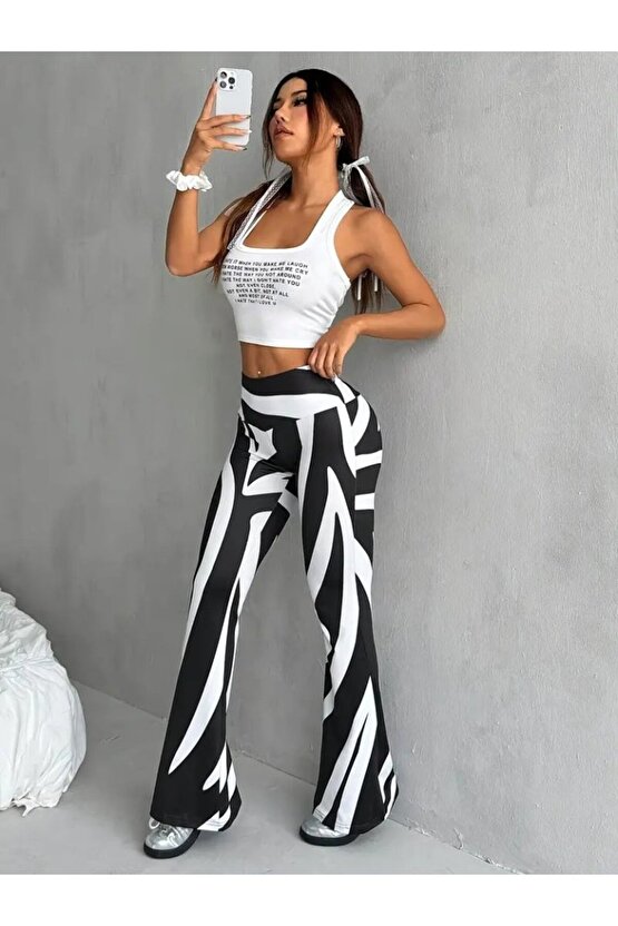 Kadın Yüksek Bel Zebra Desenli Dalgıç Tayt