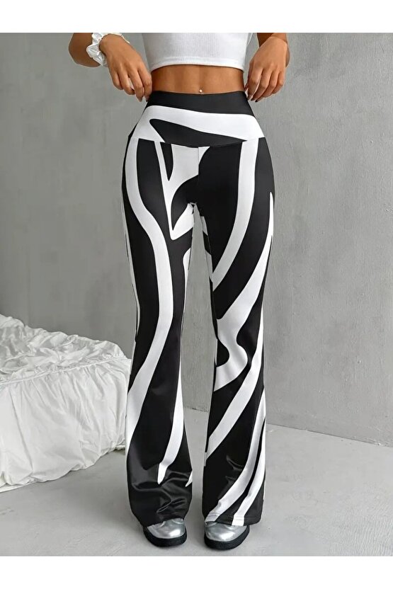 Kadın Yüksek Bel Zebra Desenli Dalgıç Tayt