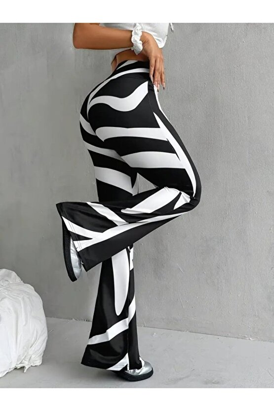 Kadın Yüksek Bel Zebra Desenli Dalgıç Tayt